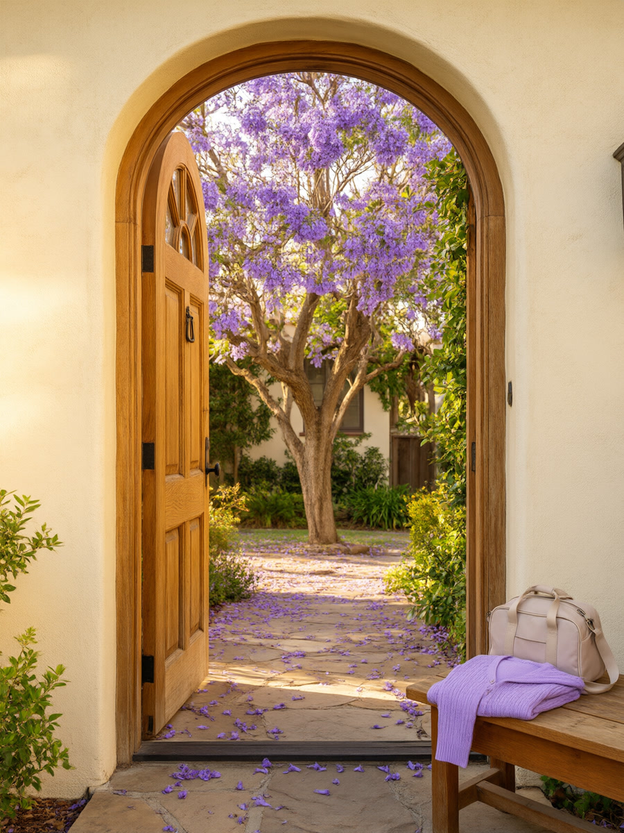 An overnight bag and a folded cardigan by an open front door, coming home from the hospital
