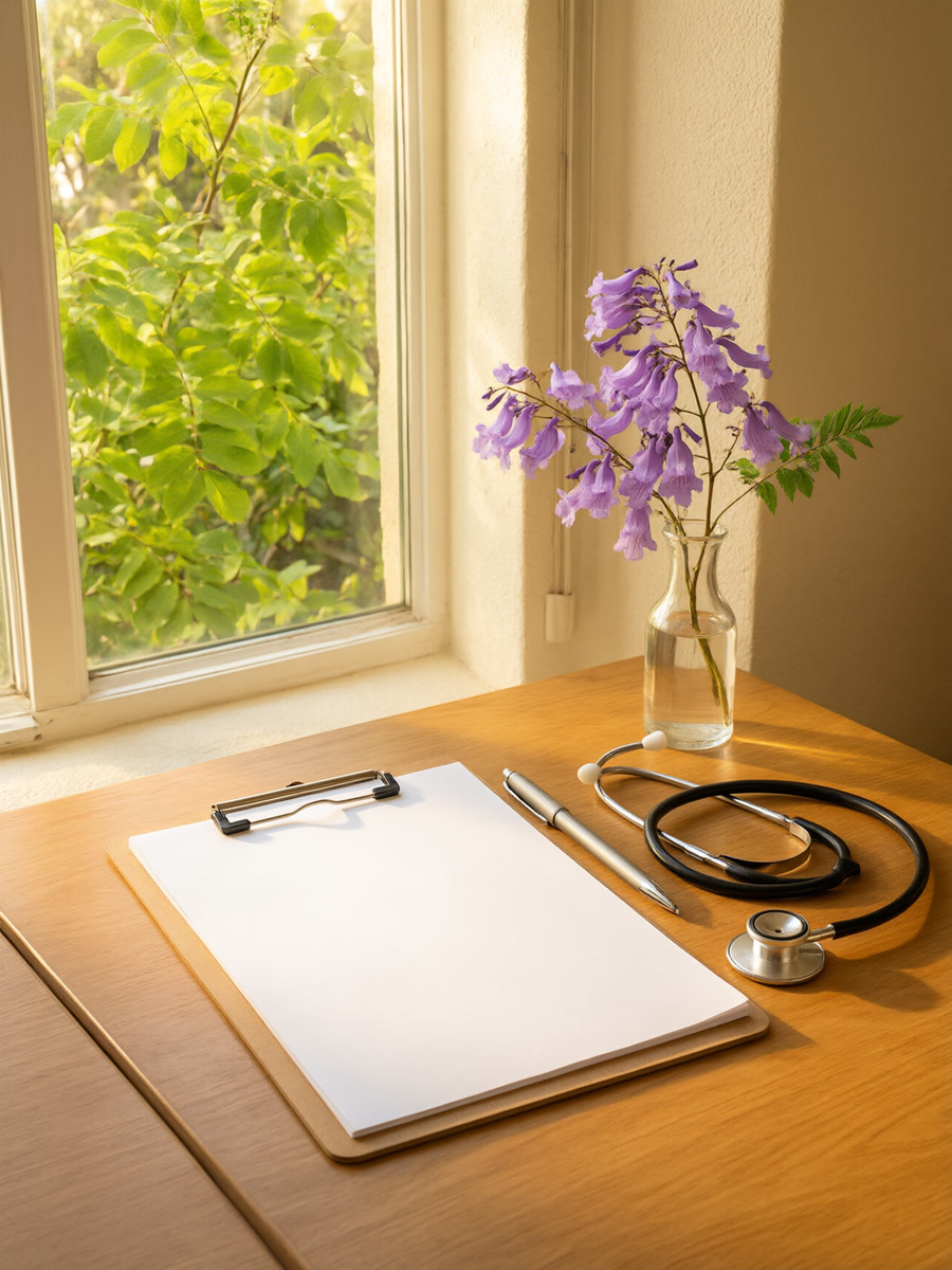 A clipboard, a stethoscope, and jacaranda blossoms on a desk